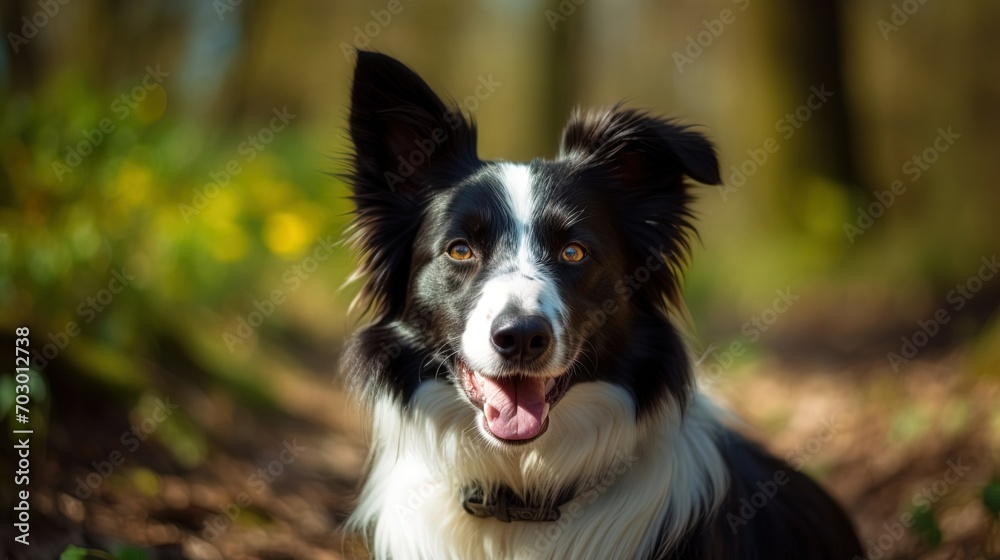 portrait of a cute playful black and white border collie dog in the spring forest