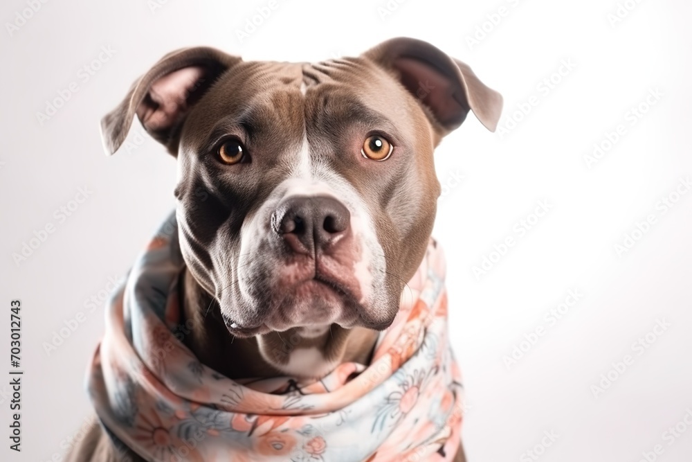 closeup portrait of a brown pitbull dog in a scarf on a white background