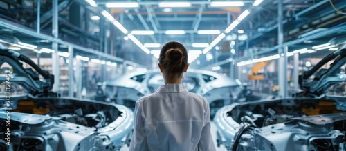 Back view of female chief engineer overseeing automated assembly line in high-tech car factory.