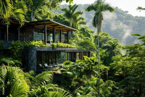 Luxurious eco-resort nestled in a tropical rainforest with sustainable practices