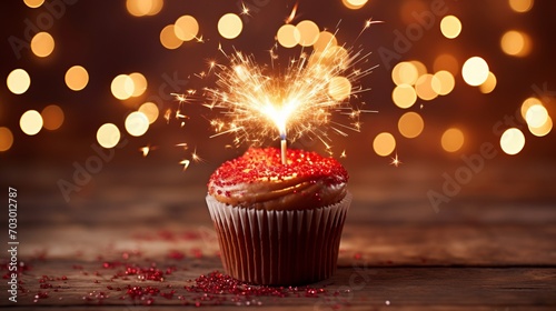 Delicious chocolate cupcake with sparkler and magical bokeh lights on enchanting background