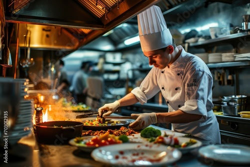 Professional chef preparing a meal in a restaurant kitchen