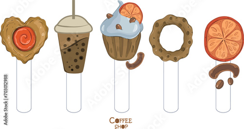 A set of bookmarks with cookies, chocolate cocktail, sweets. Home comfort, hobbies. Pastel colors