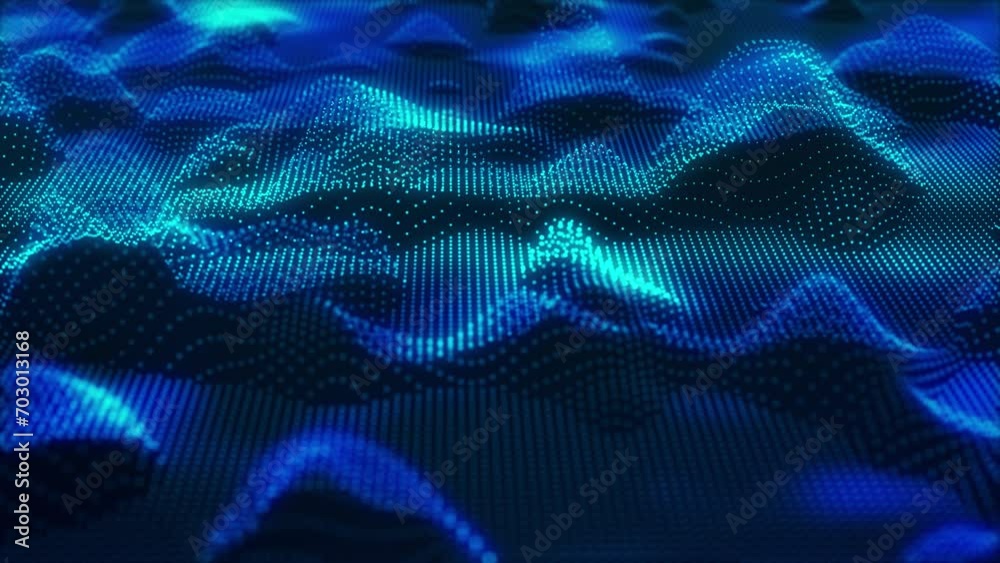 Blue waves. Stunning surface composed of neon glow particles that form waves of light. Captivating seamless looped animation. Design is perfect for various applications, events, shows. Blue waves. Stunning surface composed of neon glow particles that form waves of light. Captivating seamless looped animation. Design is perfect for various applications, events, shows.
