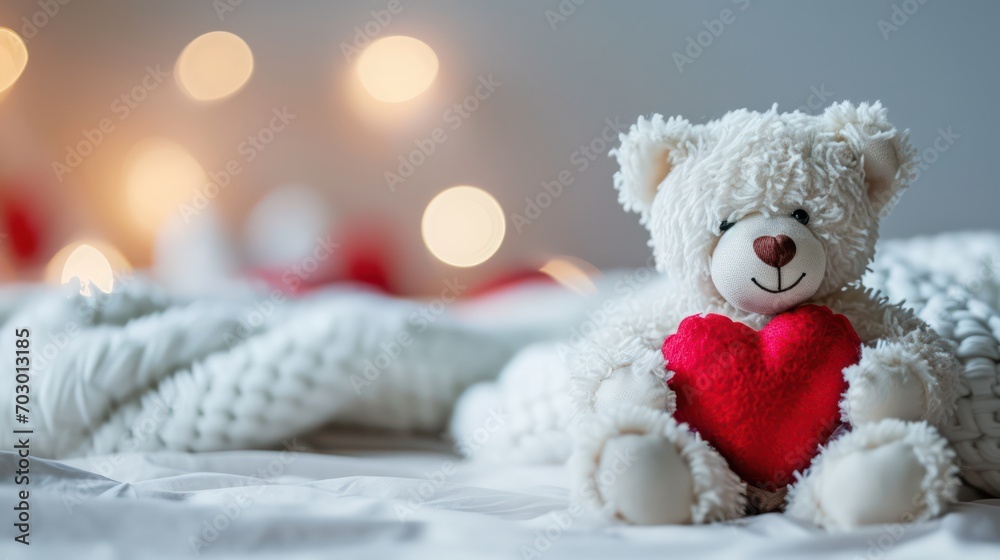 Beautiful Valentine background with a white teddy bear hugging a red ...
