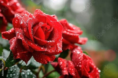 Romantic red roses with dewdrops on a soft-focus background  the essence of passion and adoration.