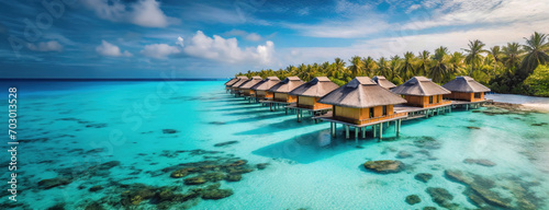 Overwater bungalows stretch over the serene, crystal-clear waters of the Maldives, offering a breathtaking panorama of the island's tropical beauty and luxury accommodation. Tourist destination.