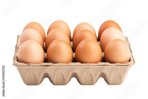 Dozen of eggs in cardboard close up shot. Isolated on transparent background