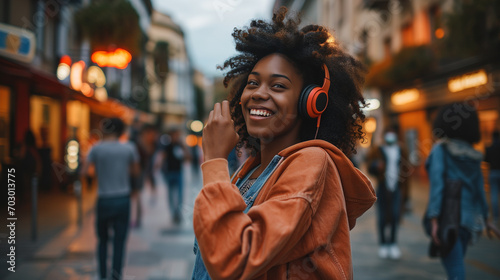 happy person with hands up in headphones  on the street, ai © Alona