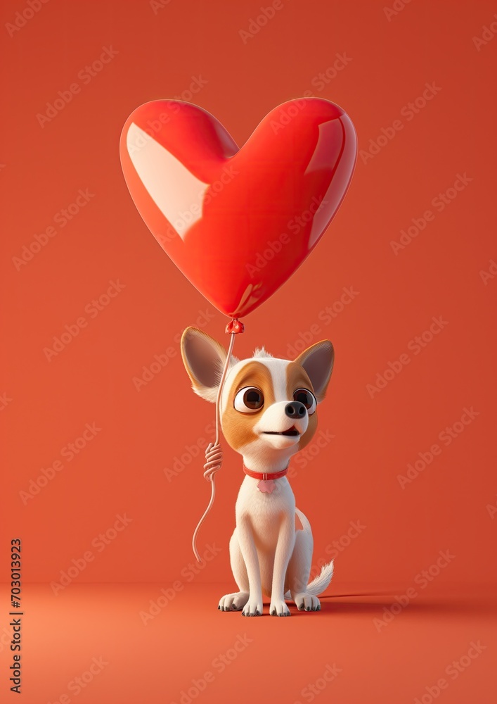 Fototapeta premium A sweet 3D avatar of a dog holding a heart-shaped balloon, expressing love and affection. 