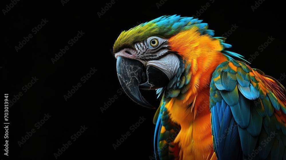 Fototapeta premium A striking Blue Gold Macaw, isolated on a black background, displays its vibrant blue and gold feathers.