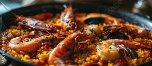 Authentic Spanish paella with Ibiza red prawns, featuring seafood from the renowned tapas tradition. photo