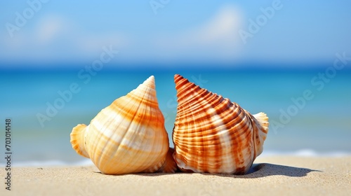 Serenity by the sea seashells scattered on a sandy beach with a generous area for text placement