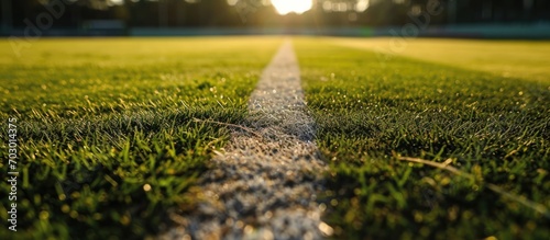 Closeup of cricket field's wicket markings in summer sport. photo