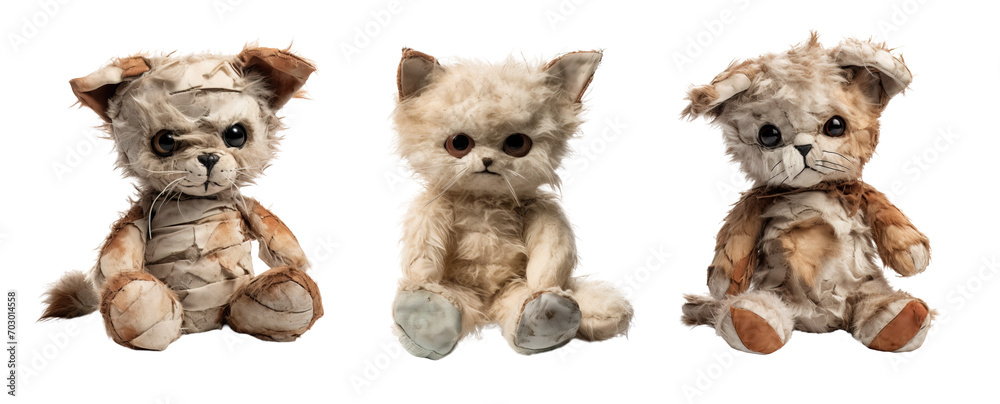 Rotten and broken teddy cats over isolated transparent background