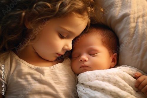 Baby closeup. Sibling relationship in family when youngest was born. First meeting baby and toddler older sister. Young girl tenderly hugging her newborn while lying on bed at home together. Top view.