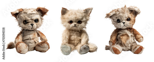 Rotten and broken teddy cats over isolated transparent background © LorenaPh