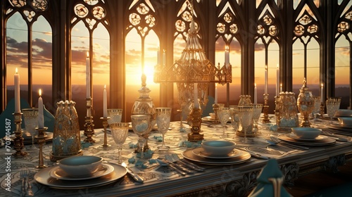 Medieval castle hall banquet  majestic feast with candlelit wooden tables and golden sunlight photo