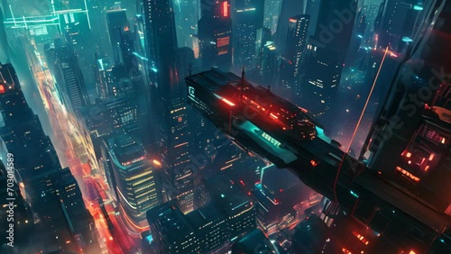 Sci-fi port for flying vehicles in a cyberpunk city aerial view cinematic animation photo