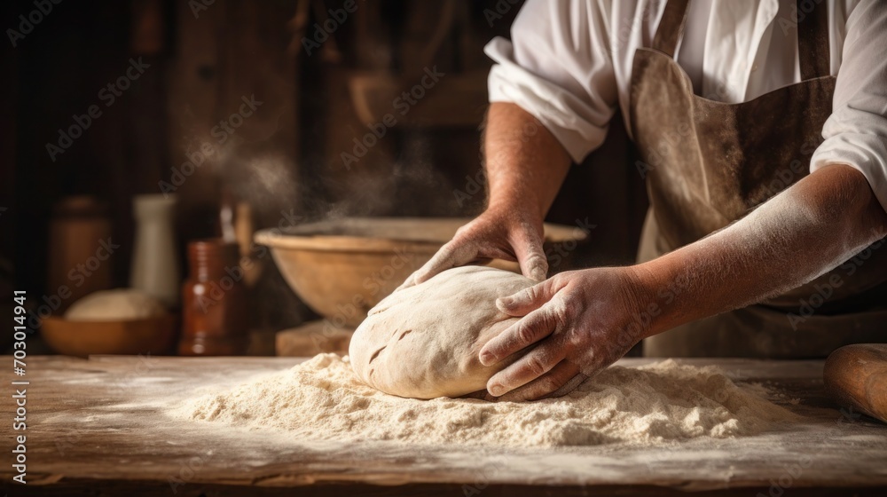 Hands of baker kneading dough on a wooden table, Close up Hands of baker kneading dough on a wooden table, Close up