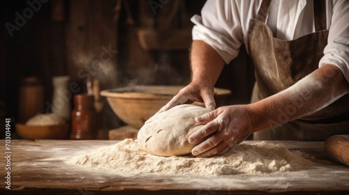 Hands of baker kneading dough on a wooden table, Close up