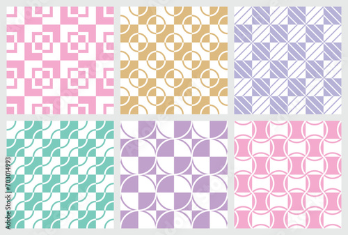 Various colorful linear check seamless patterns. Set of colorful patterns with squares and linear elements.