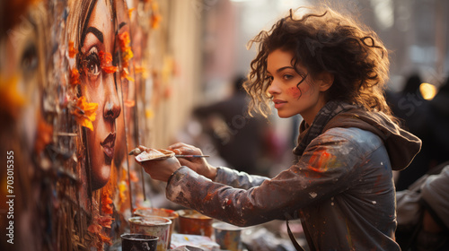 Une artiste dessine dans les rues devant les passants. photo