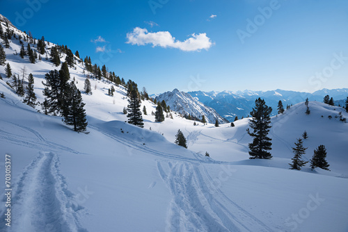 ski tracks in the powder snow, skiing area Rofan alps, austria photo