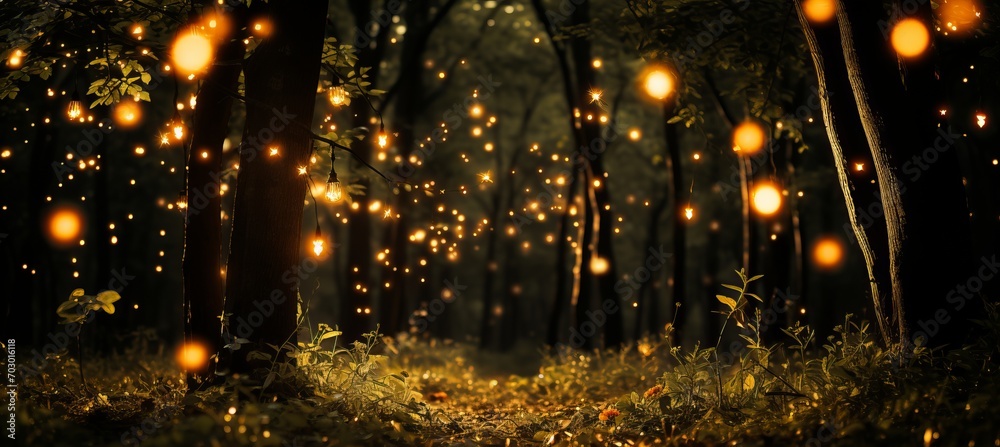 Enchanted forest clearing with fireflies and magical creatures celebrating with fairy dust - obrazy, fototapety, plakaty 