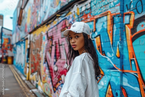 Edgy urban fashion model in contemporary streetwear, striking a pose against the backdrop of a vibrant graffiti wall in a bustling city