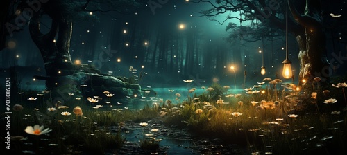 Midnight woodland celebration with fireflies and fairy dust in enchanted forest clearing
