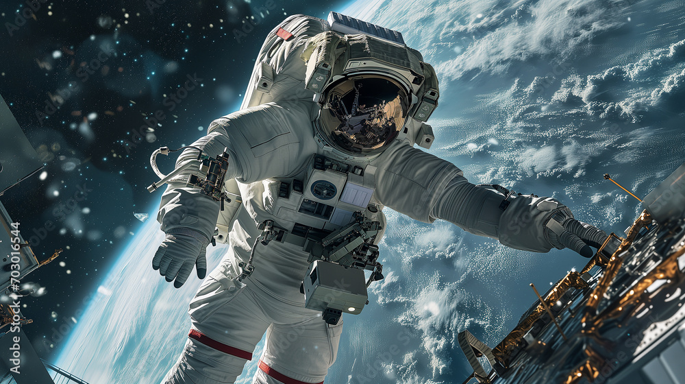 Naklejka premium Expert astronaut performs intricate spacecraft repair in outer space against planet
