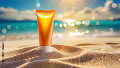 sunscreen cream on the beach, cream tube in sand, sea background, skin care and beauty
