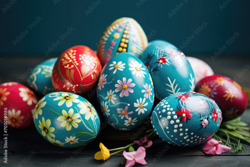 Dyed easter eggs in red and blue, patterned with flowers on the wooden table, blue background