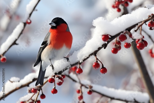 Vibrant Winter Landscape. Red Bullfinch Perched Majestically on Snowy Tree Branch in Park