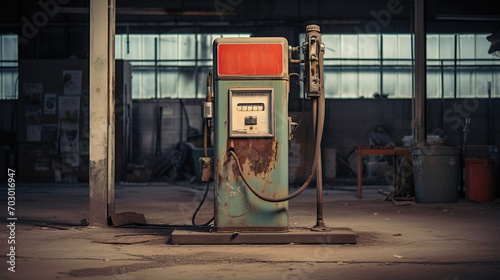 abandoned gas station with a rusty gasoline pump, post-apocalyptic cityscape, absence of people and cars, energy crisis, fuel shortage, high quality photo  photo