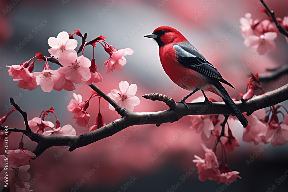 Captivatingly Colorful Bird Resting on a Blossoming Apple Tree Branch in a Serene Spring Garden