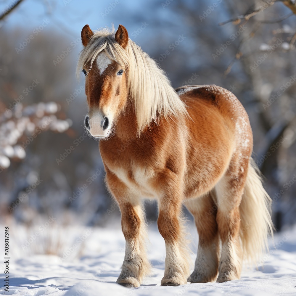 A red Haflinger horse with a white mane runs across a snowy field, dynamic and picturesque in movement and freedom in the winter landscape. Concept: equestrian sport A red Haflinger horse with a white mane runs across a snowy field, dynamic and picturesque in movement and freedom in the winter landscape. Concept: equestrian sport