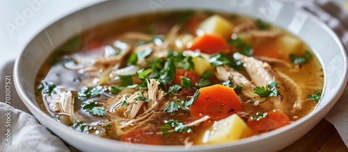 Asian-style clear chicken soup with potatoes, carrot, and onion in a white bowl.