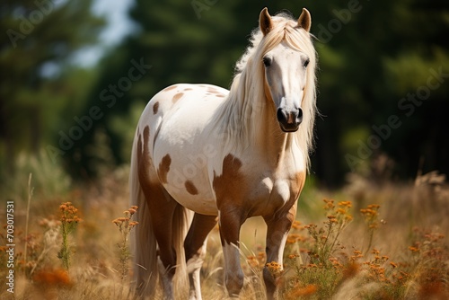 A noble white horse of the Haflinger breed stands in full growth against the backdrop of a summer field  an elegant animal with a proud look in its natural habitat. Concept  equestrian sport
