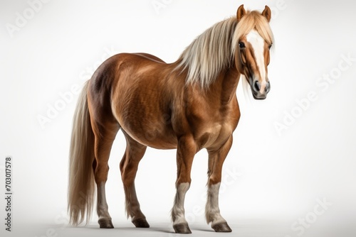 Haflinger horse portrait of a red horse with a shiny white mane on a blue background  expressive look and exquisite beauty of a thoroughbred animal