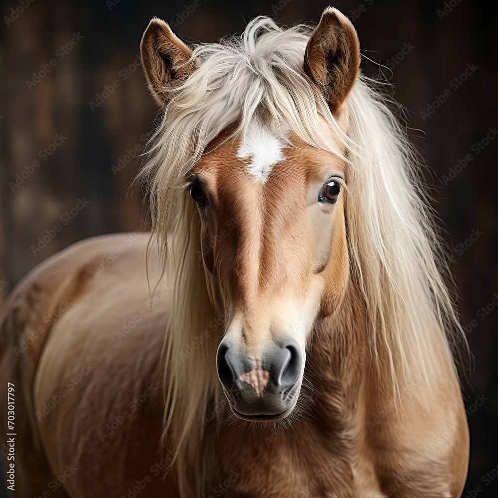 Obraz premium A noble white horse of the Haflinger breed stands in full growth against the backdrop of a summer field, an elegant animal with a proud look in its natural habitat. Concept: equestrian sport