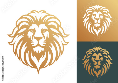 Lion face front view vector art image business company logo template, brand identity logotype on white and dark backgrounds.