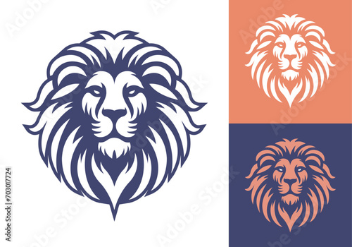 Lion head logo template design line art vector illustration isolated on white and dark backgrounds. Lion face with mane hair brand identity logotype design.