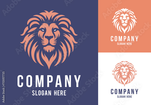 Lion face front view vector art image business company logo template, brand identity logotype on white and dark backgrounds.