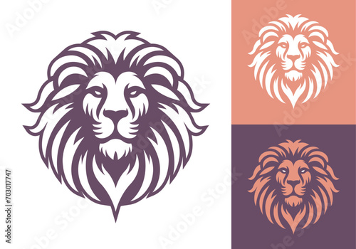 Lion head company logo vector line art illustration on dark and white background. Lion face and mane business logo design.