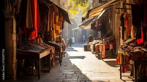 Vibrant middle eastern bazaar  colorful tents, ornate rugs, and exotic spices in afternoon sunlight © Ilja