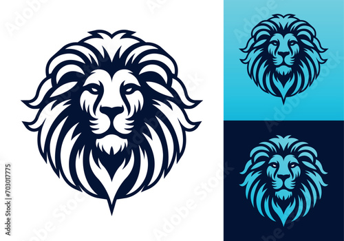 Lion head vector line art illustration isolated on dark and white background. Lion face and mane business logo design template.