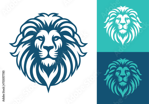 Lion face front view vector art image business company logo template, brand identity logotype on white and dark backgrounds.
