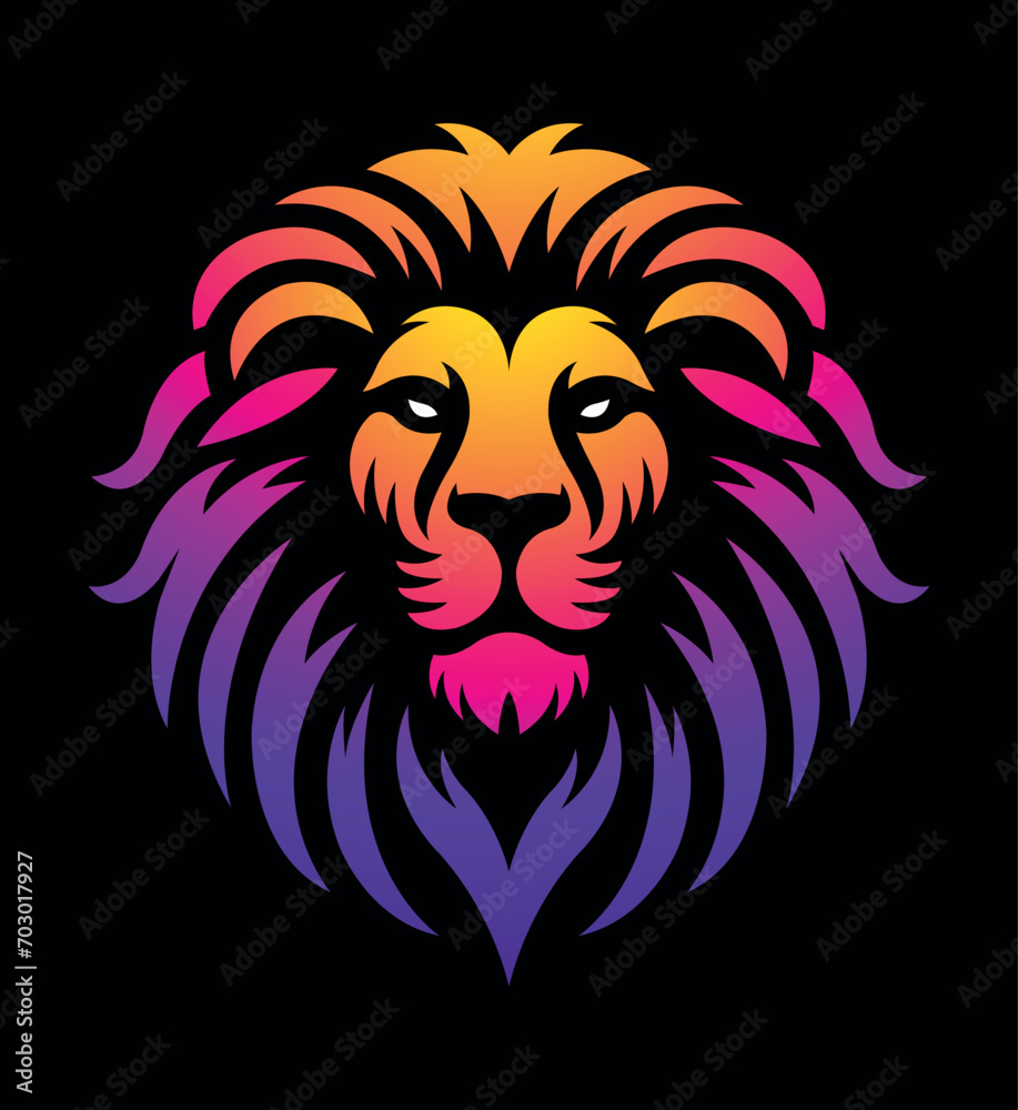 Lion face vector image front view on dark background. Lion head line art sticker and logo template.